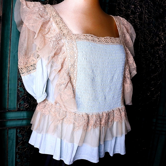 Anthropologie Ruffled Lace Mesh Layered Peplum Short Sleeve Top, Small, Lilac - Picture 2 of 10
